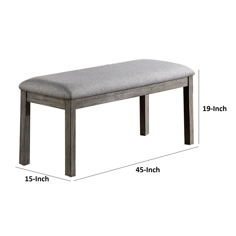 Lais 45 Inch Dining Bench, Wired Brushed Gray Wood, Gray Fabric Padded Seat - BM312197