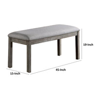 Lais 45 Inch Dining Bench, Wired Brushed Gray Wood, Gray Fabric Padded Seat - BM312197