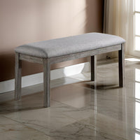 Lais 45 Inch Dining Bench, Wired Brushed Gray Wood, Gray Fabric Padded Seat - BM312197