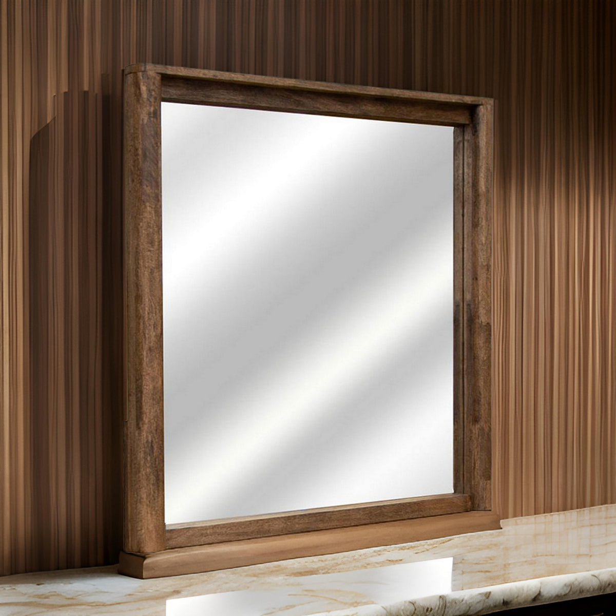 Olum 38 x 38 Dresser Mirror, Square Shape, Mango Wood, Natural Brown Finish - BM312204