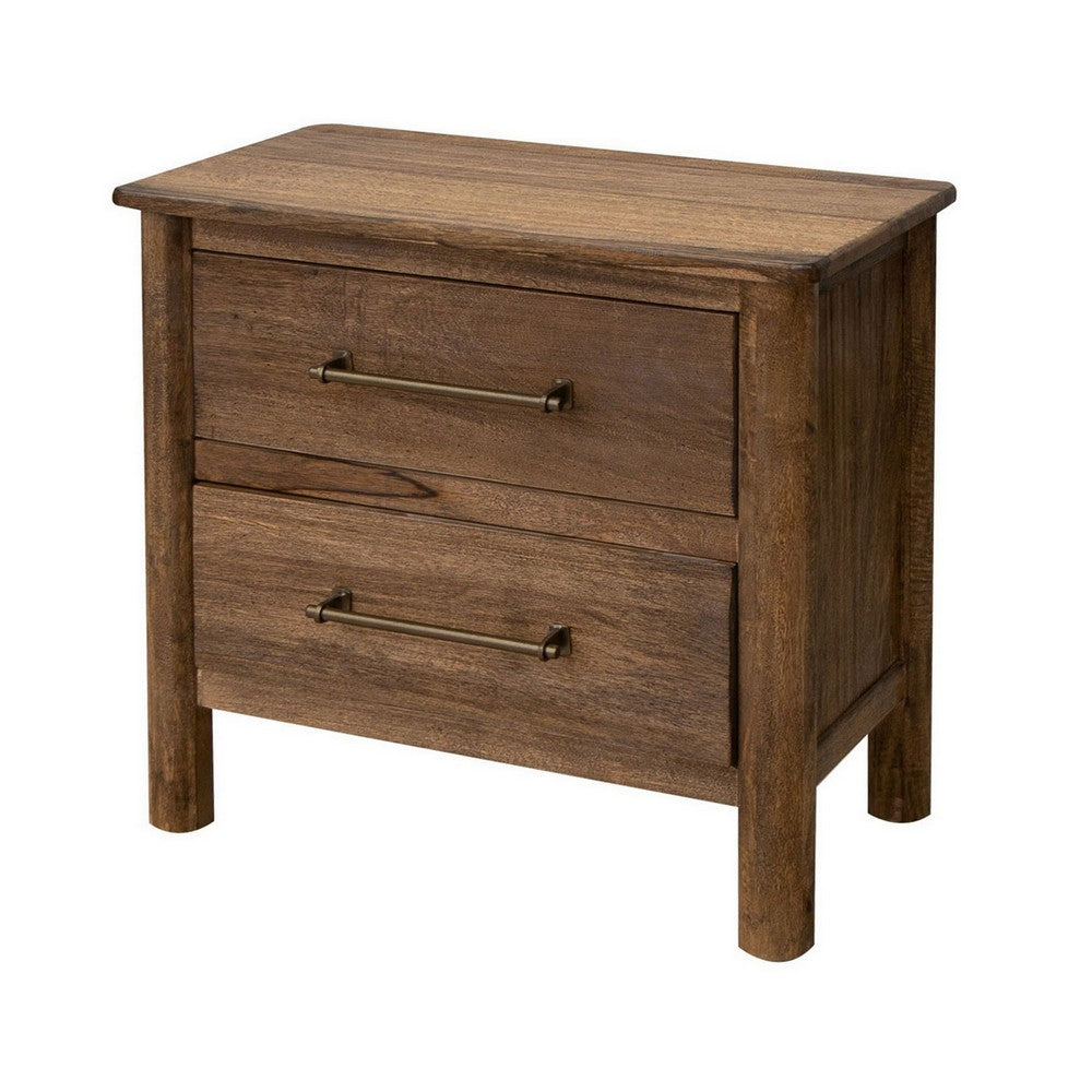 Olum 28 Inch Nightstand, 2 Drawers, Metal Handles, Solid Mango Wood, Brown - BM312205