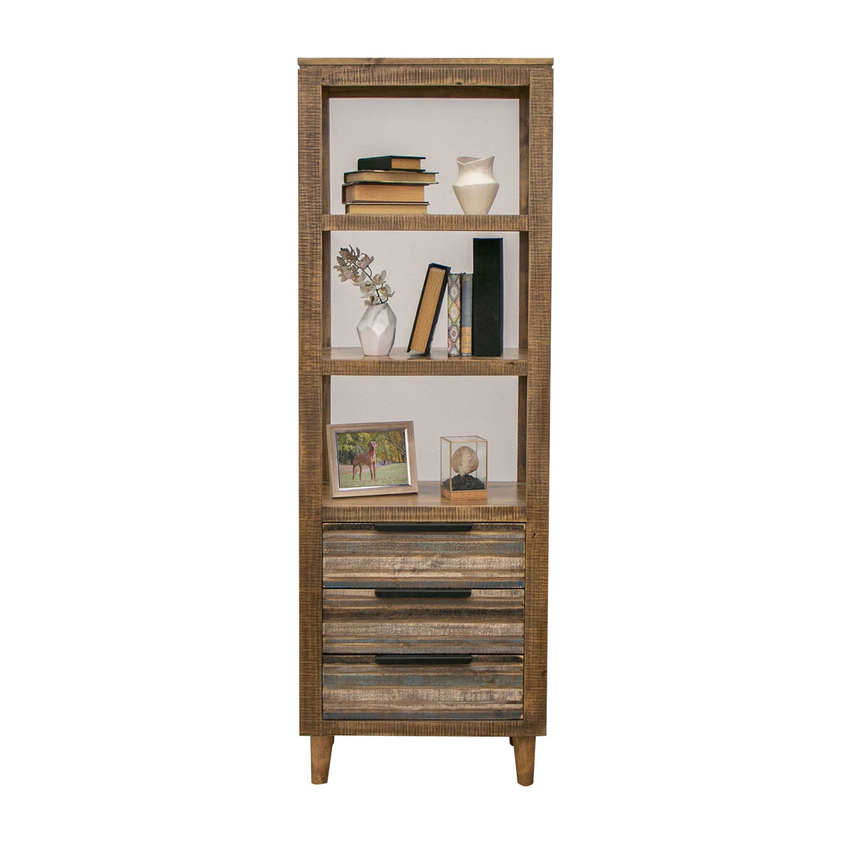 Tisha 73 Inch Bookcase, 3 Drawers, 3 Open Shelves, Solid Wood, Chalk Brown - BM312207