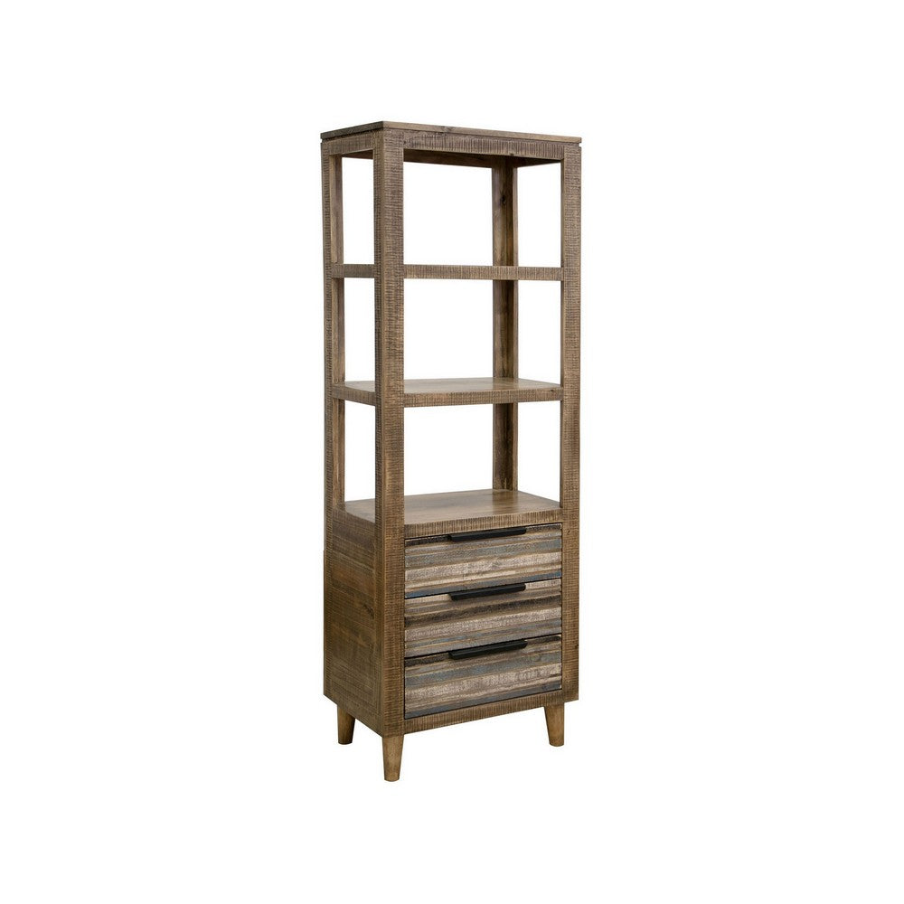 Tisha 73 Inch Bookcase, 3 Drawers, 3 Open Shelves, Solid Wood, Chalk Brown - BM312207