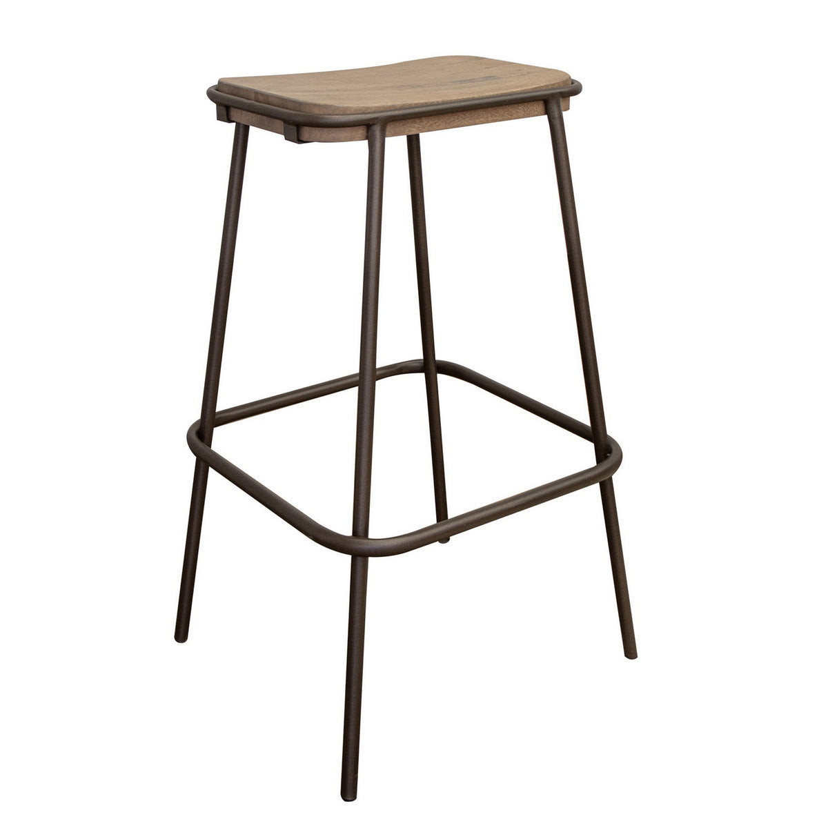 Umey 30 Inch Barstool, Footrest, Metal Frame, Solid Brown Mango Wood Top - BM312218