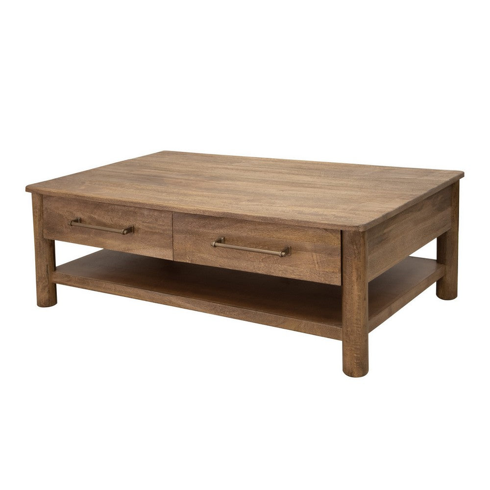 Olum 50 Inch Cocktail Coffee Table, Drawers, Lower Shelf, Brown Mango Wood - BM312230