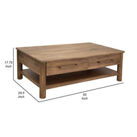 Olum 50 Inch Cocktail Coffee Table, Drawers, Lower Shelf, Brown Mango Wood - BM312230