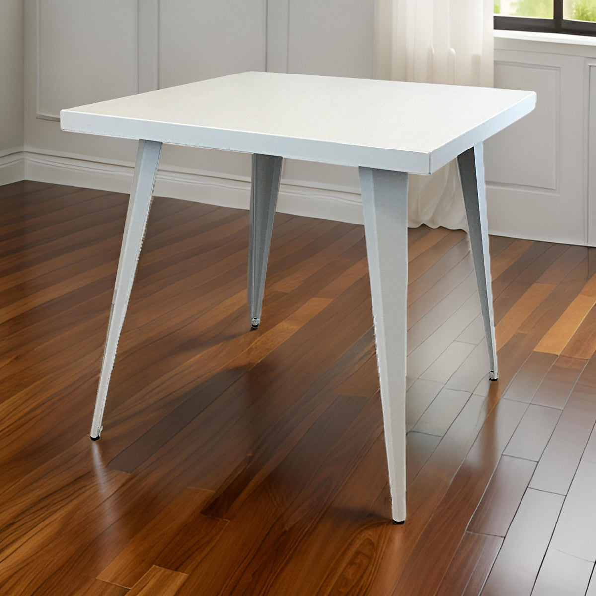 Oran 32 Inch Dining Table, Square Metal Top, Tapered Legs, White Finish - BM312252