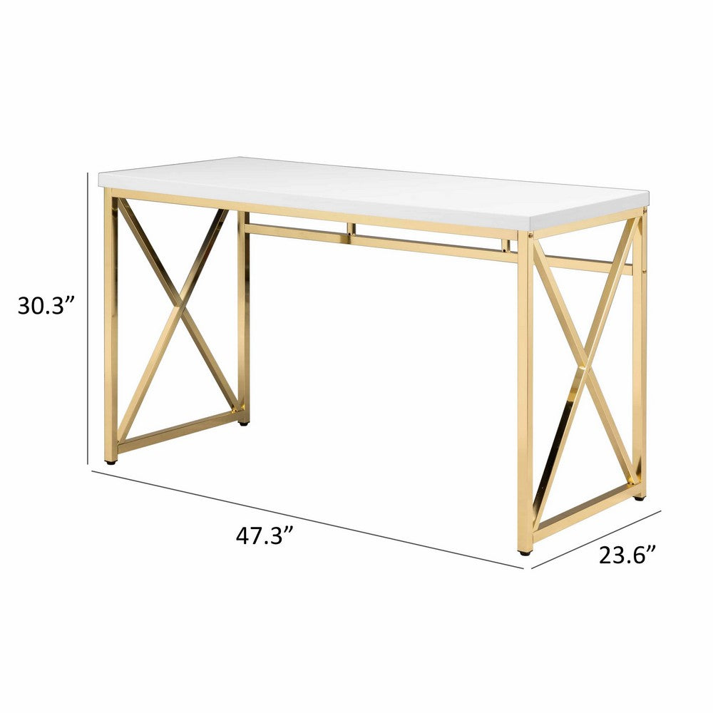 Gracie 47 Inch Desk, White Rectangular Top, Metal Legs in Gold Finish - BM312268