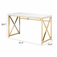 Gracie 47 Inch Desk, White Rectangular Top, Metal Legs in Gold Finish - BM312268