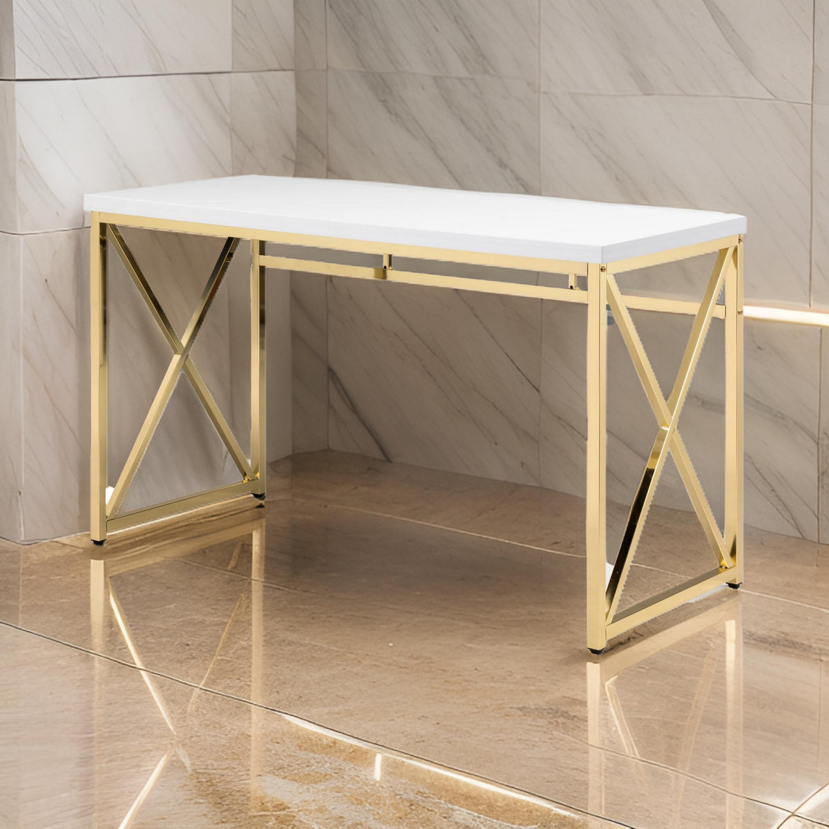 Gracie 47 Inch Desk, White Rectangular Top, Metal Legs in Gold Finish - BM312268