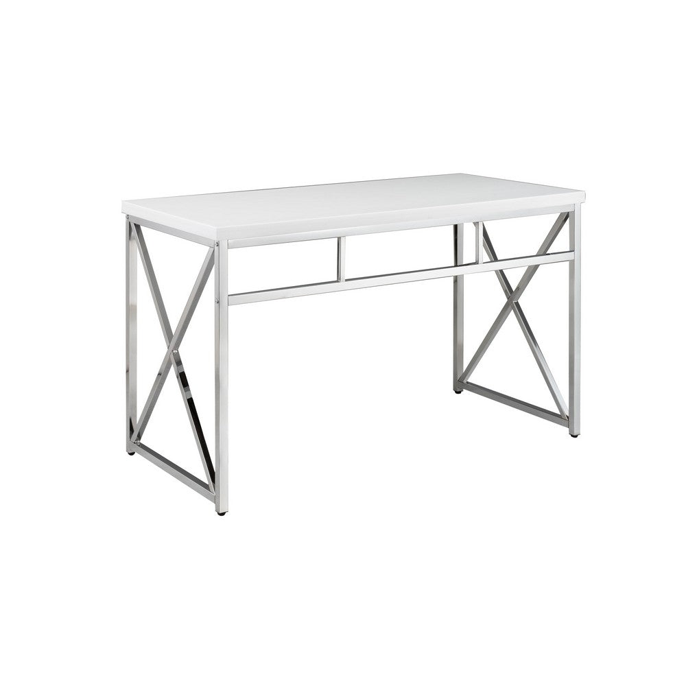 Gracie 47 Inch Desk, White Rectangular Top, Metal Legs in Chrome Finish - BM312269