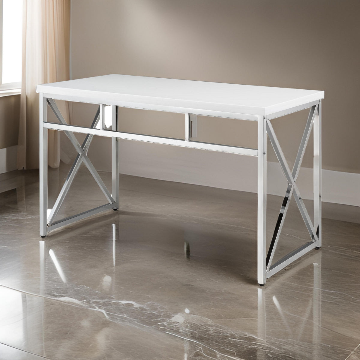 Gracie 47 Inch Desk, White Rectangular Top, Metal Legs in Chrome Finish - BM312269