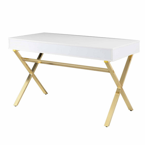 Gracie 47 Inch Desk, White Rectangular Top, 2 Drawers, Gold Metal Legs - BM312270