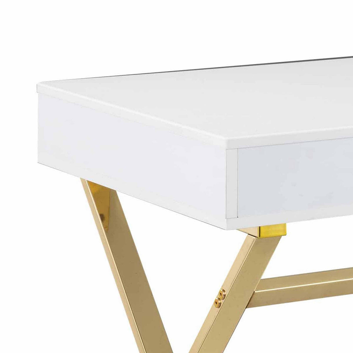 Gracie 47 Inch Desk, White Rectangular Top, 2 Drawers, Gold Metal Legs - BM312270