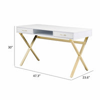 Gracie 47 Inch Desk, White Rectangular Top, 2 Drawers, Gold Metal Legs - BM312270