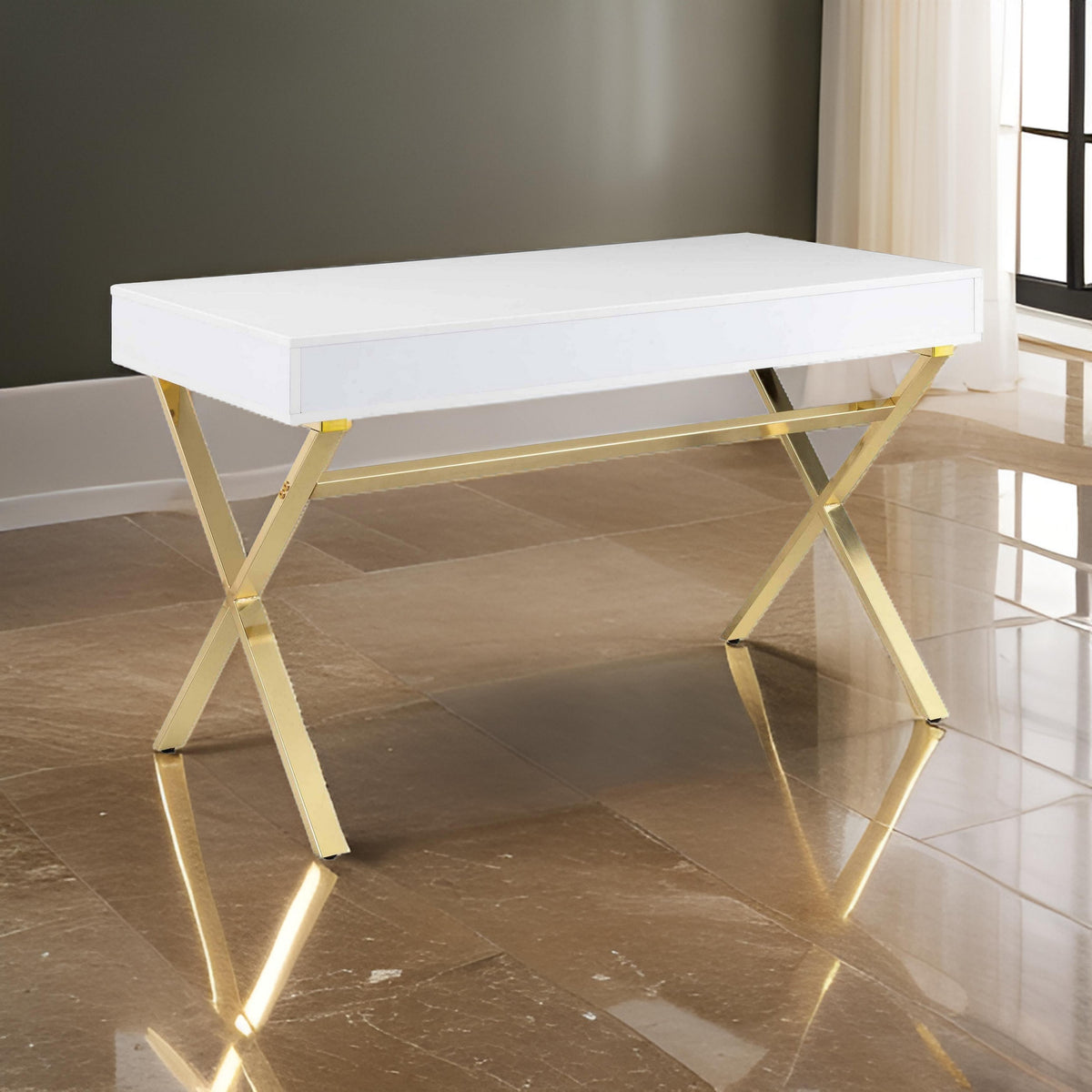 Gracie 47 Inch Desk, White Rectangular Top, 2 Drawers, Gold Metal Legs - BM312270