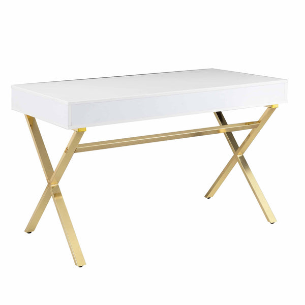 Gracie 47 Inch Desk, White Rectangular Top, 2 Drawers, Gold Metal Legs - BM312270