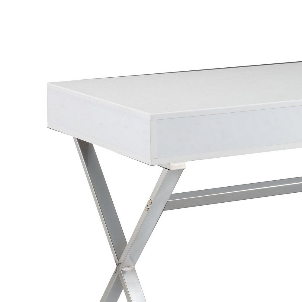 Gracie 47 Inch Desk, White Rectangular Top, 2 Drawers, Chrome Metal Legs - BM312271