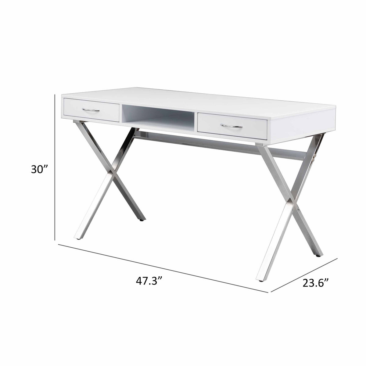 Gracie 47 Inch Desk, White Rectangular Top, 2 Drawers, Chrome Metal Legs - BM312271