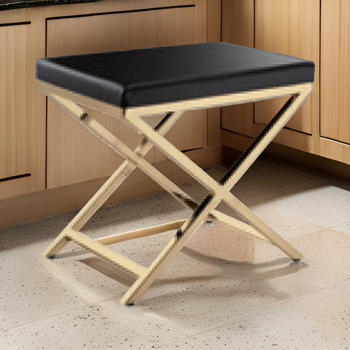 Myra 21 Inch Accent Stool, Gray Faux Leather, Gold Finished Cross Legs - BM312274