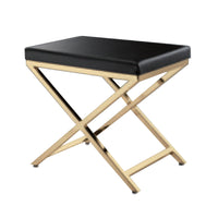 Myra 21 Inch Accent Stool, Black Faux Leather, Gold Finished Cross Legs - BM312275