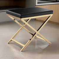 Myra 21 Inch Accent Stool, Black Faux Leather, Gold Finished Cross Legs - BM312275