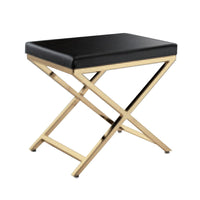 Myra 21 Inch Accent Stool, Black Faux Leather, Gold Finished Cross Legs - BM312275