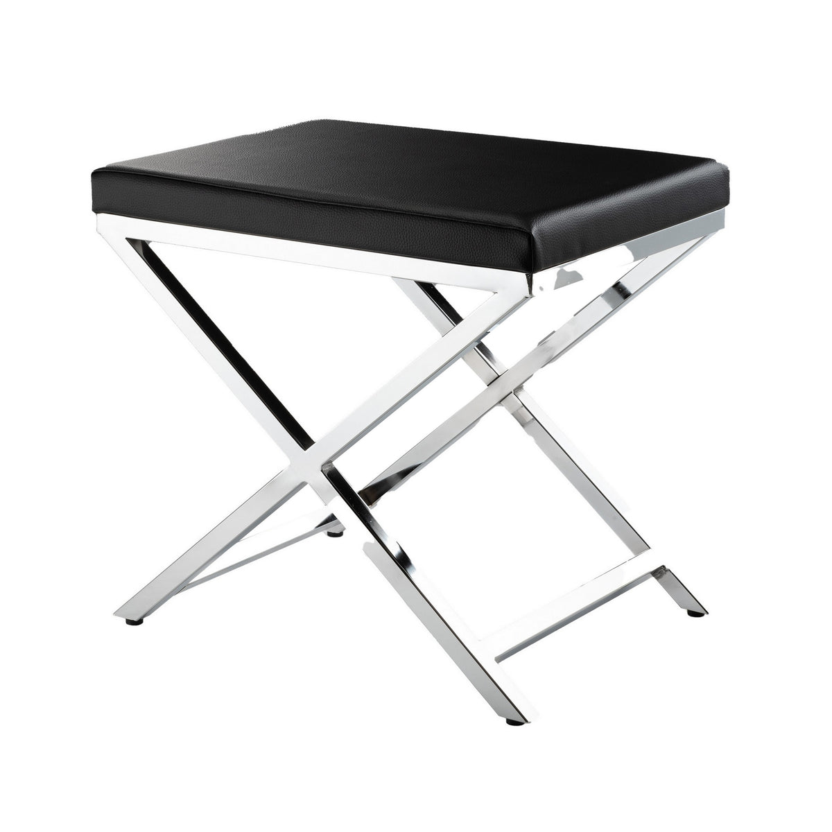 Myra 21 Inch Accent Stool, Black Faux Leather, Chrome Finished Cross Legs - BM312276