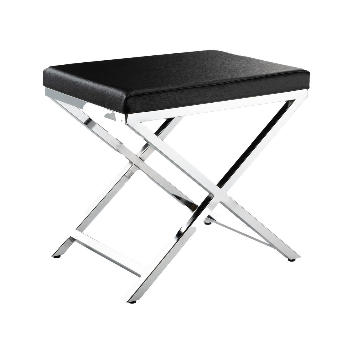 Myra 21 Inch Accent Stool, Black Faux Leather, Chrome Finished Cross Legs - BM312276