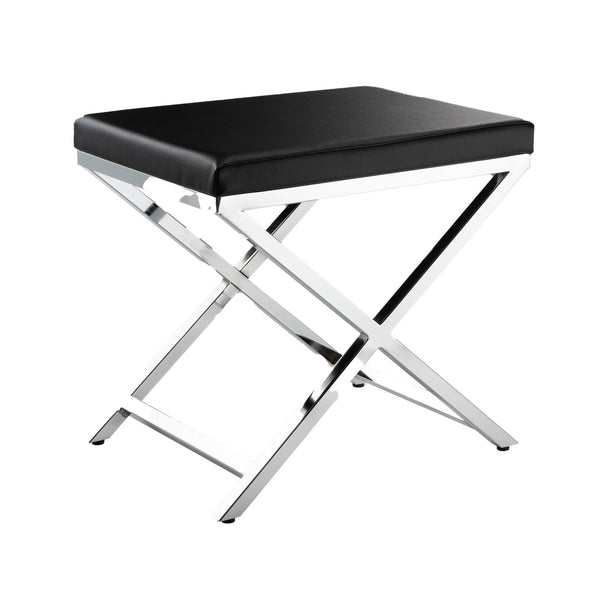 Myra 21 Inch Accent Stool, Black Faux Leather, Chrome Finished Cross Legs - BM312276