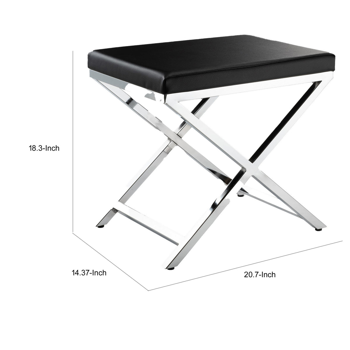 Myra 21 Inch Accent Stool, Black Faux Leather, Chrome Finished Cross Legs - BM312276