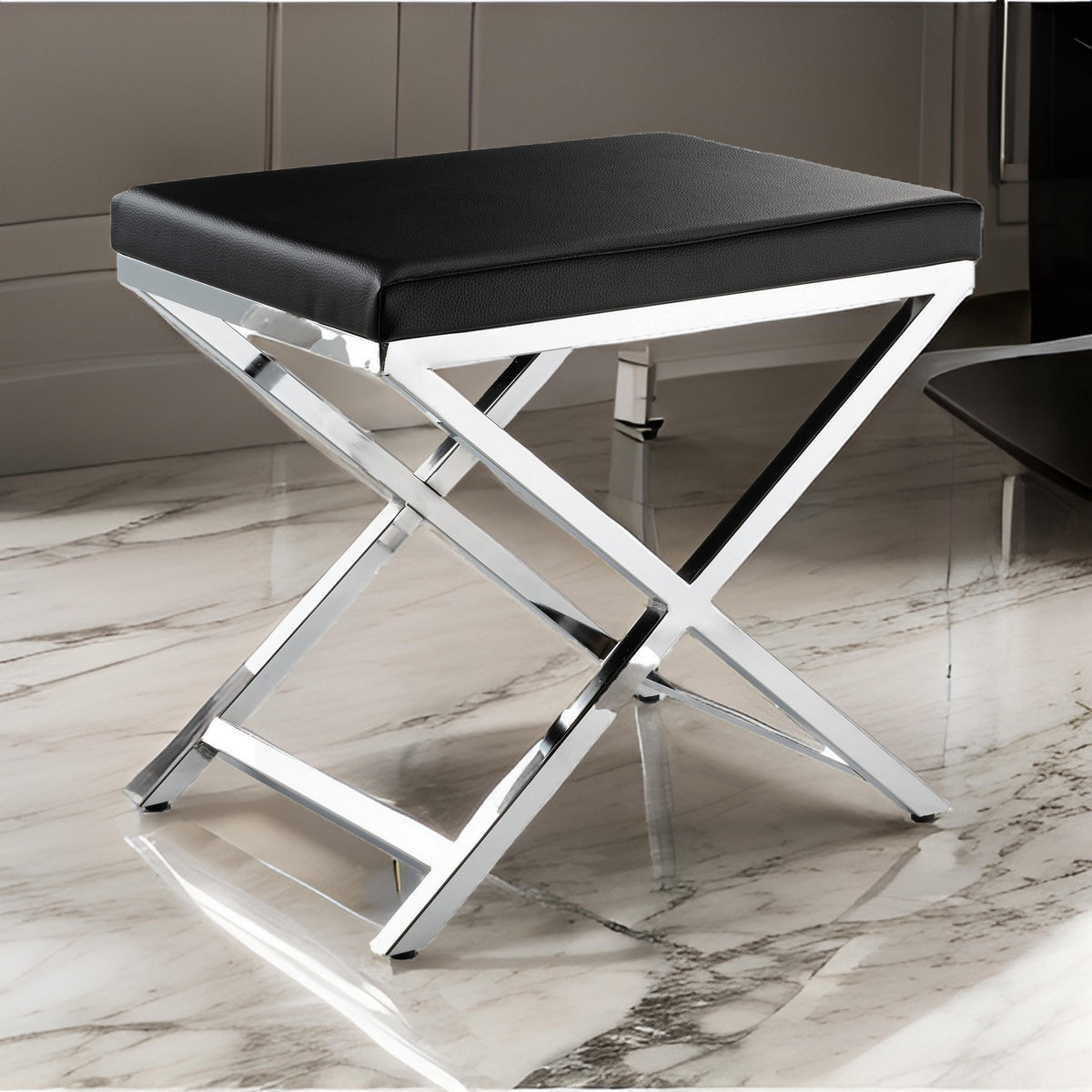 Myra 21 Inch Accent Stool, Black Faux Leather, Chrome Finished Cross Legs - BM312276