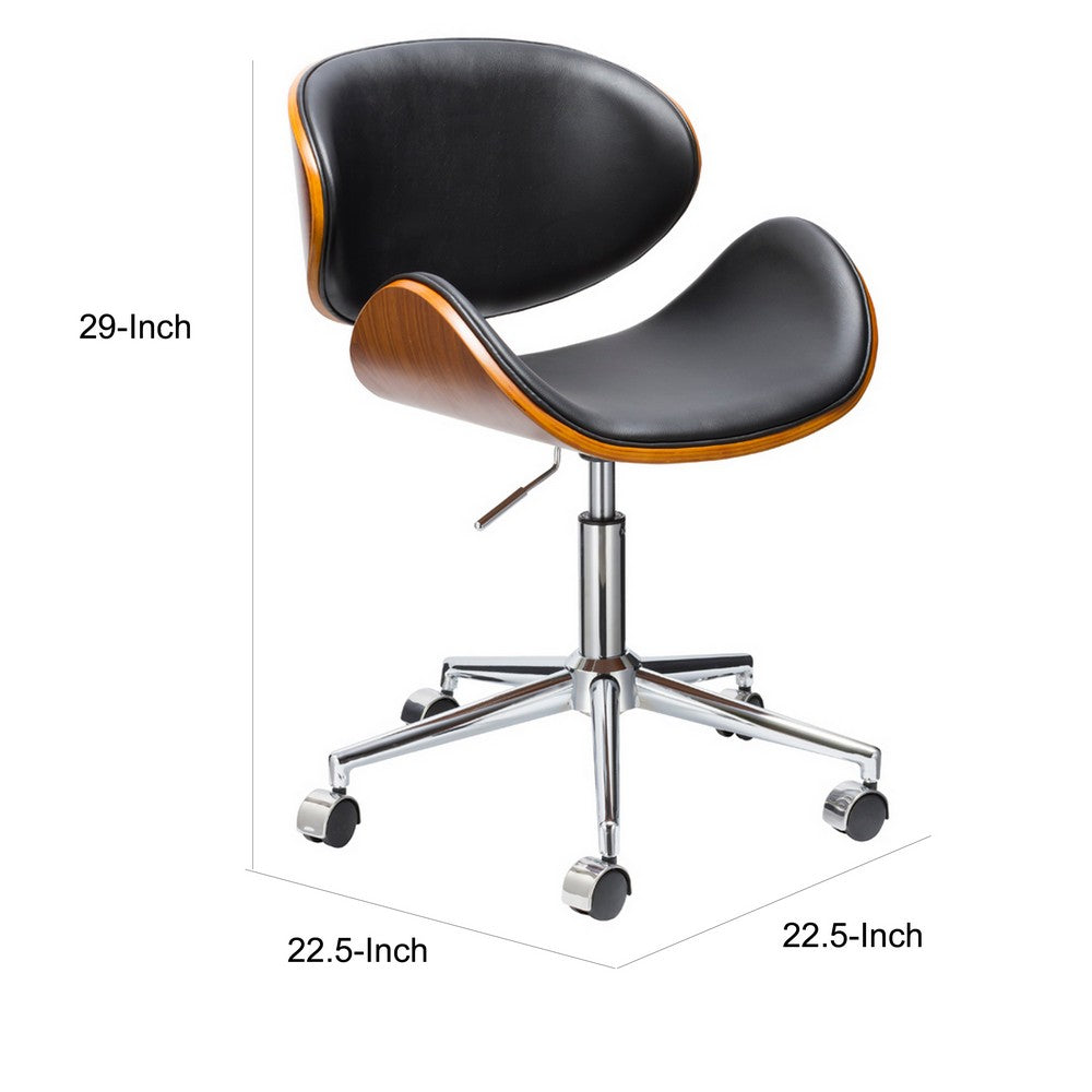 Kio 18-22 Inch Swivel Office Chair, Adjustable, Wood and Black Faux Leather - BM312278