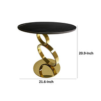 Tiyo 22 Inch Accent End Table, Round Sintered Stone Top, Black, Gold Steel - BM312279