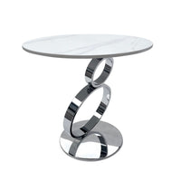 Tiyo 22 Inch Accent End Table, White Round Sintered Stone Top, Silver Steel - BM312280