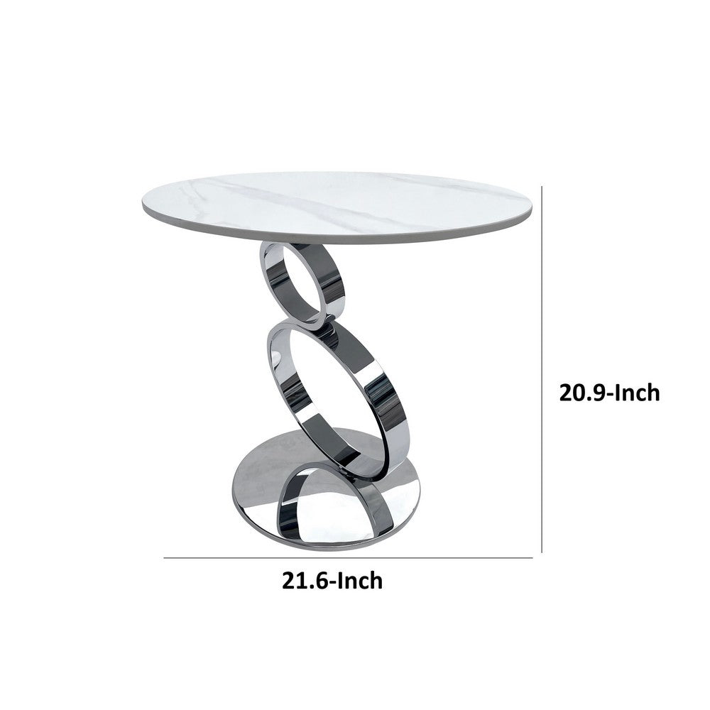 Tiyo 22 Inch Accent End Table, White Round Sintered Stone Top, Silver Steel - BM312280