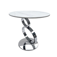 Tiyo 22 Inch Accent End Table, White Round Sintered Stone Top, Silver Steel - BM312280