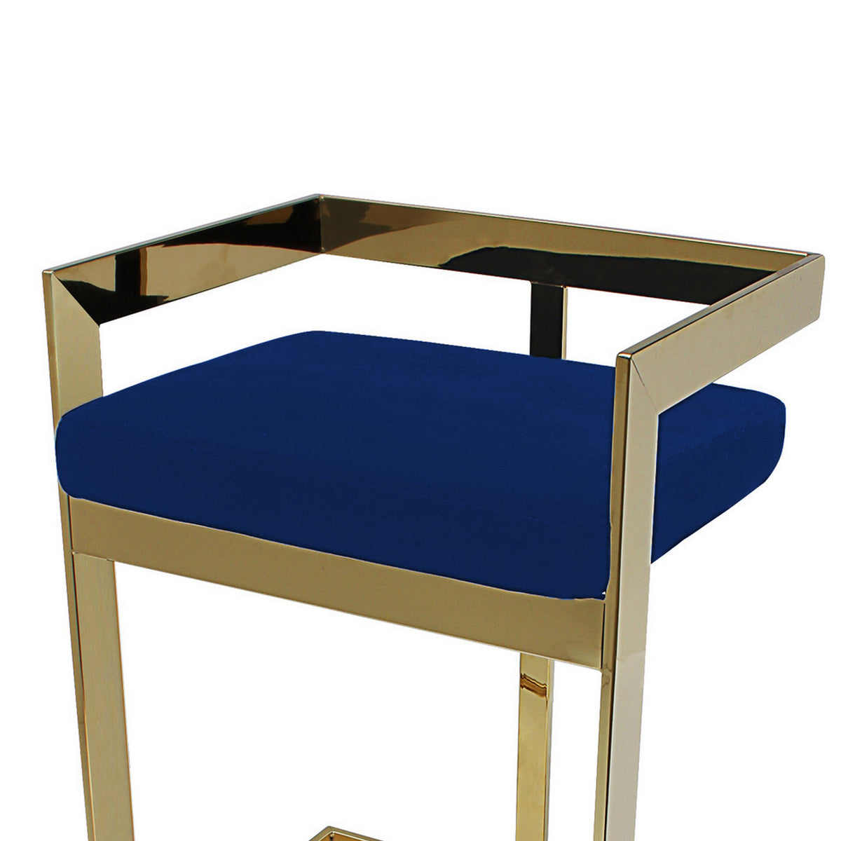 Pio 30 Inch Barstool Chair, Blue Velvet Padded Seat, Gold Metal Finish - BM312281