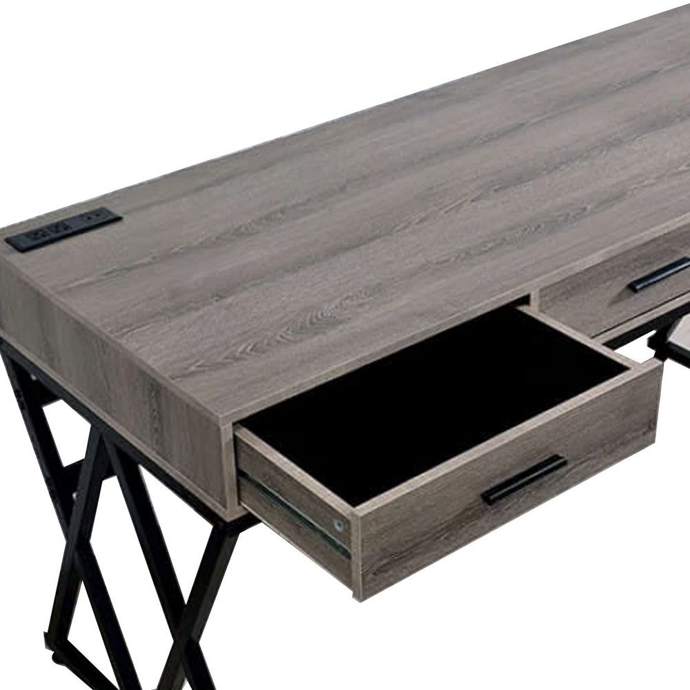 Gia 59 Inch Writing Desk, 3 Drawers, USB and Power Outlet, Gray, Sand Black - BM312286