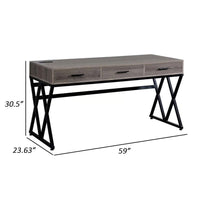 Gia 59 Inch Writing Desk, 3 Drawers, USB and Power Outlet, Gray, Sand Black - BM312286