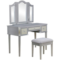 43 Inch Vanity Desk with Stool, Drawers, 3 Sided Mirrors, Silver Wood Frame - BM312288