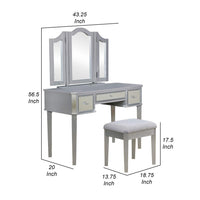 43 Inch Vanity Desk with Stool, Drawers, 3 Sided Mirrors, Silver Wood Frame - BM312288
