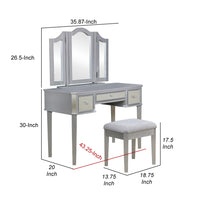 43 Inch Vanity Desk with Stool, Drawers, 3 Sided Mirrors, Silver Wood Frame - BM312288