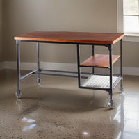 48 Inch Writing Desk, Industrial Caster Wheels, Metal Frame, Solid Wood Top - BM312292