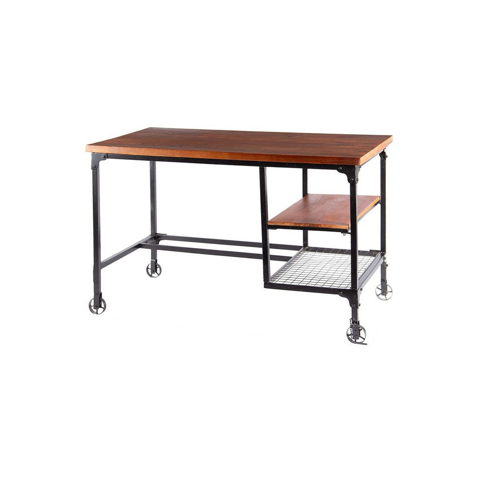 48 Inch Writing Desk, Industrial Caster Wheels, Metal Frame, Solid Wood Top - BM312292