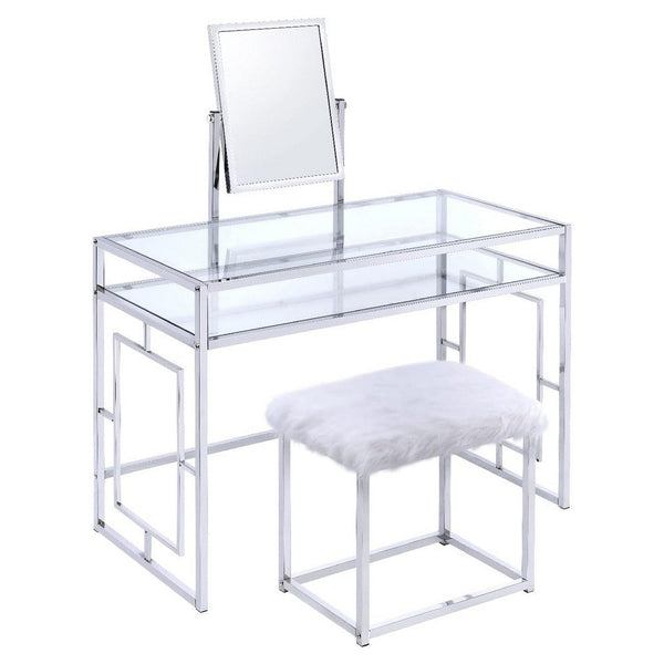 42 Inch Vanity Desk with Faux Fur Stool, Mirror, Glam Chrome Metal Frame - BM312293