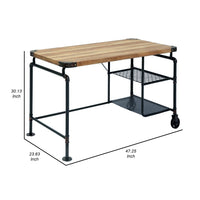 47 Inch Writing Desk, Industrial Caster Wheel, Black Metal, Brown Wood - BM312296