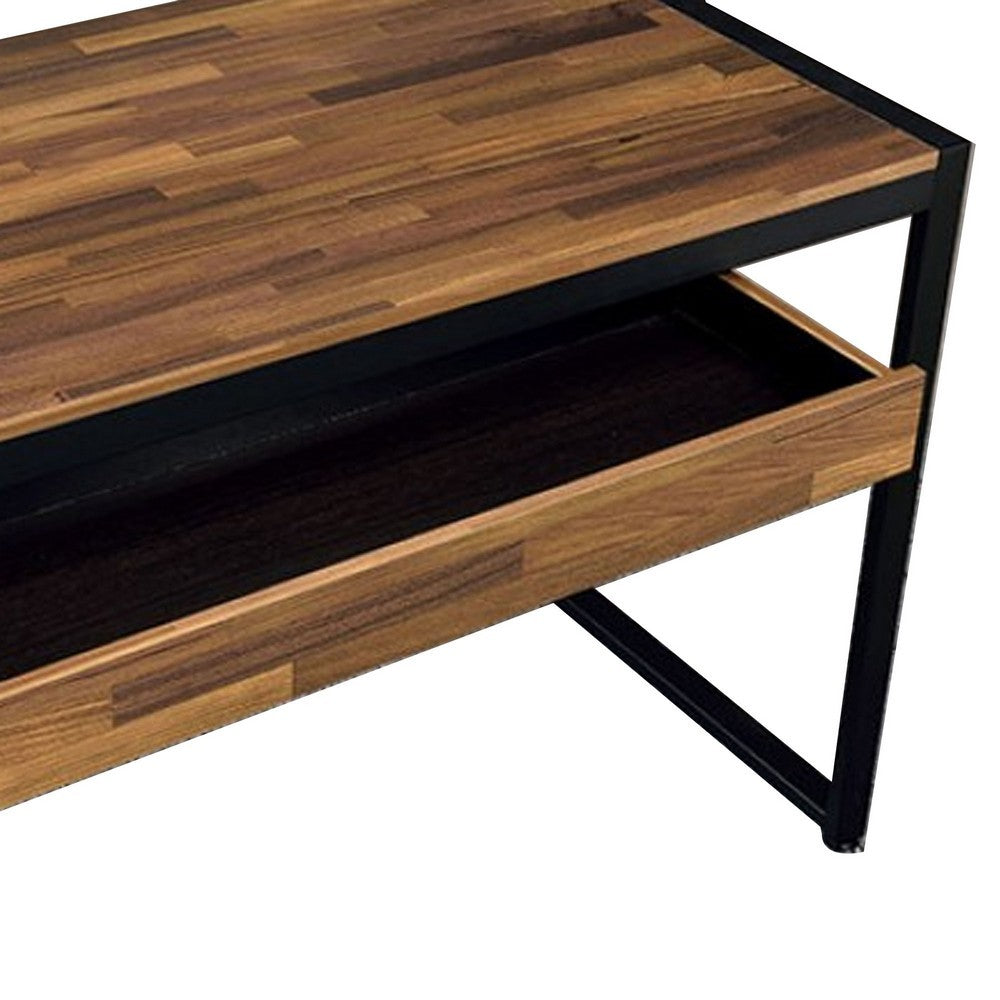 50 Inch Writing Desk, 1 Drawer, Black Metal, Dark Oak Brown Finished Top - BM312297