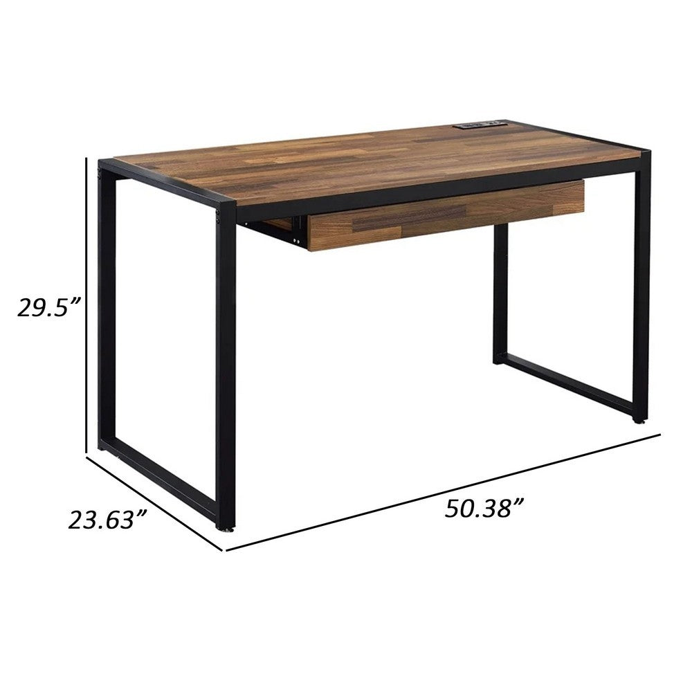 50 Inch Writing Desk, 1 Drawer, Black Metal, Dark Oak Brown Finished Top - BM312297