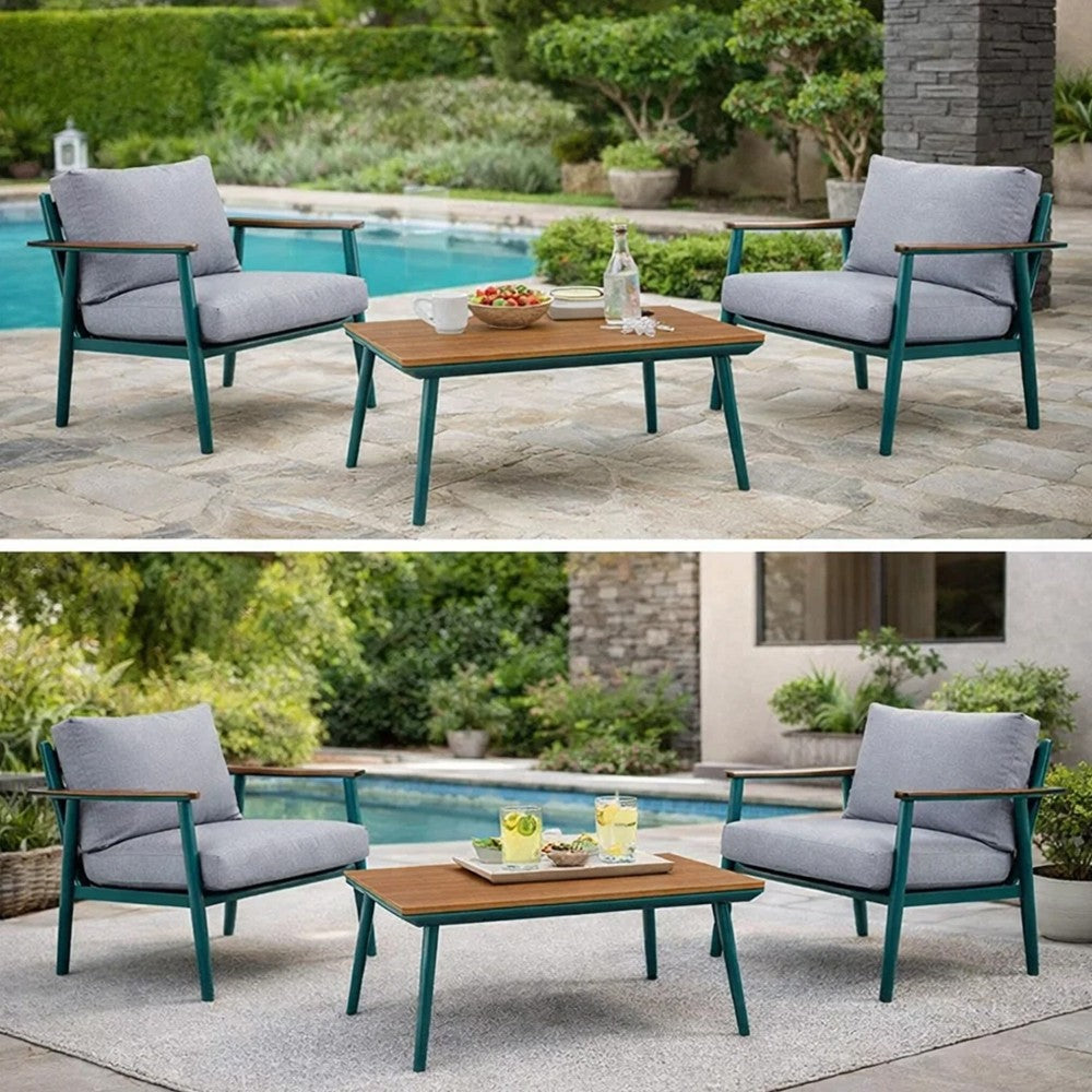 3 Piece Outdoor Coffee Table and Chairs Set, Wood Planks, Gray, Green - BM312298
